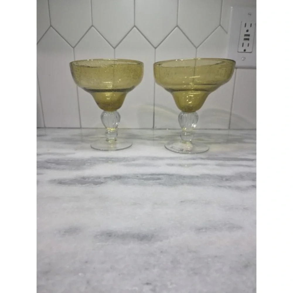 Pier 1 Hand Blown Margarita Glasses, Amber Bubble Design, Set of 2, Cocktail